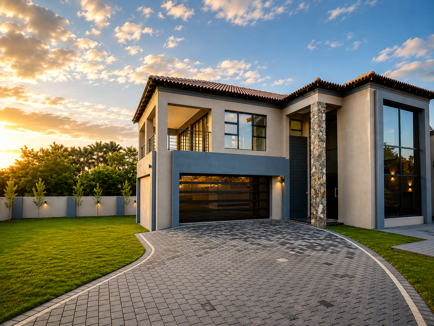 Completed front exterior of the modern double-storey residence in sunset light
